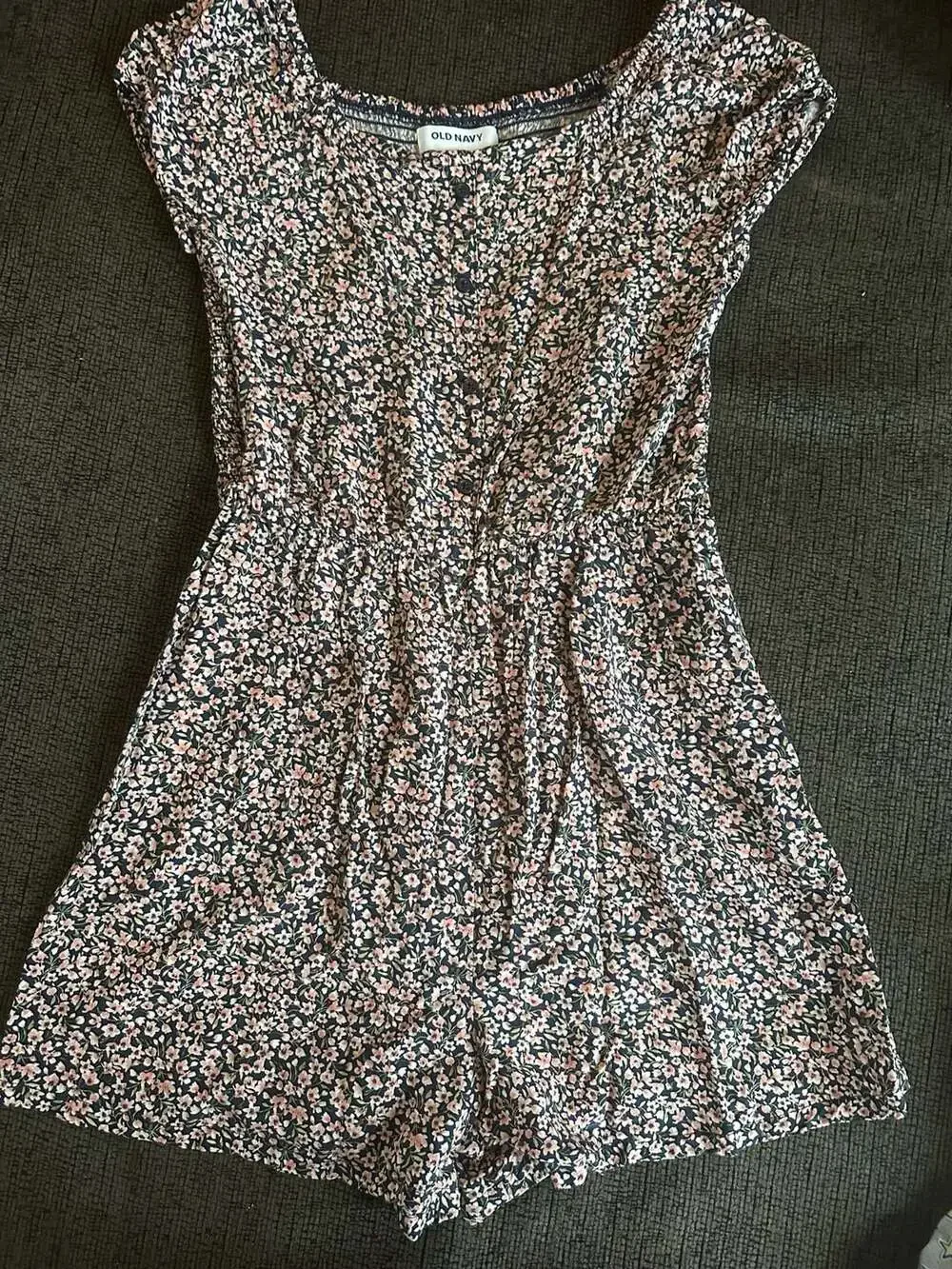 Girl’s Old Navy Floral Romper Size XL (14-16) Blue Pink Button Front Short Sleev